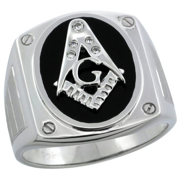 Mens Sterling Silver Black Onyx Masonic Ring CZ Stones & Screw Accents